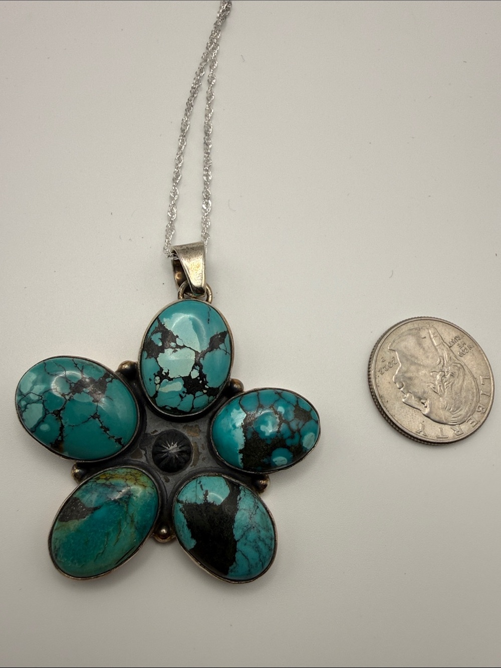 925 Sterling Silver XL Turquoise Flower Pendant Cluster Necklace on 18” Chain - Picture 6 of 7